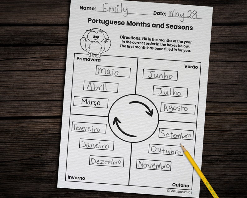 May include: A printable worksheet for learning Portuguese months and seasons. The worksheet is divided into four sections, each representing a season: Primavera (Spring), Ver&atilde;o (Summer), Outono (Autumn), and Inverno (Winter). Each section has boxes for the months of the year, with the first month of each season already filled in.
