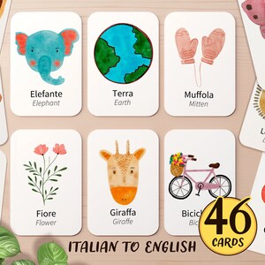 46 Flashcard di parole iniziali in italiano e inglese stampabili / Vocabolario bilingue per l'istruzione parentale Insegna attività Montessori per bambini in età prescolare Flashcard per bambini piccoli