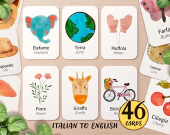 46 Italian & English First Words Flashcard Printable | Bilingual Homeschool Vocabulary Teach Preschool Montessori Activity Toddler Flashcard