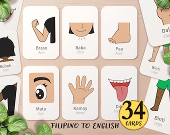 May include: A collection of 34 flashcards displaying body parts such as an arm, chin, foot, eye, and hand. Each card has a Filipino word and its English translation. The text "FILIPINO TO ENGLISH" is at the bottom of the cards.