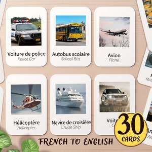 30 French & English Vehicle Bilingual Flashcards for Kids | Learn French Preschool Homeschool Pre-K Montessori Toddler Basics Flash Card