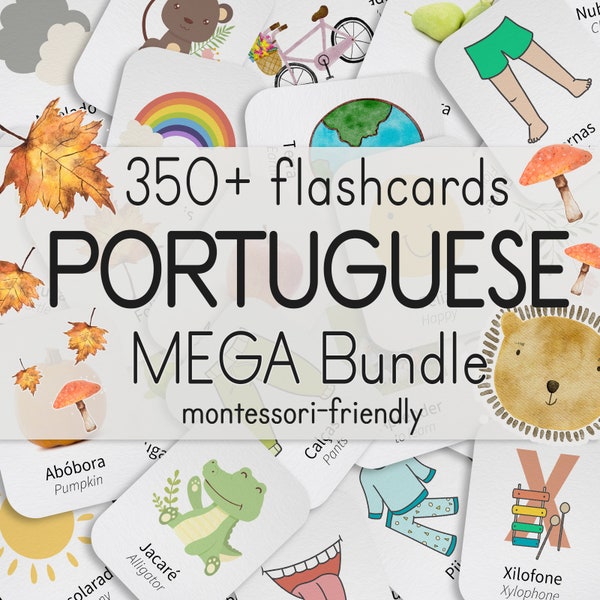 Learning Portuguese Bundle | 350+ Portuguese Flashcards for Kids | Printable Portuguese Homeschool Activities | Portuguese Pre-K Flash Cards