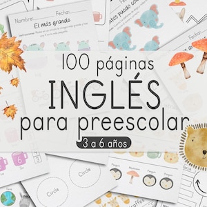 May include: A collection of 100 preschool English educational worksheets featuring watercolour illustrations of autumn leaves, mushrooms, a lion, penguins, and various shapes. The central text reads 100 páginas INGLÉS para preescolar 3 a 6 años.