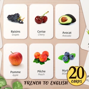 20 Französisch & Englisch zweisprachige Obst Karte | Druckbare Französisch Homeschool Klassenzimmer Nomen Aktivität | Kleinkind Kinder Vorschule Flash Cards