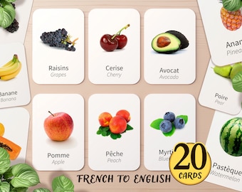 20 French & English Bilingual Fruit Flashcard | Printable French Homeschool Classroom Nouns Activity | Toddler Kids Preschool Flash Cards