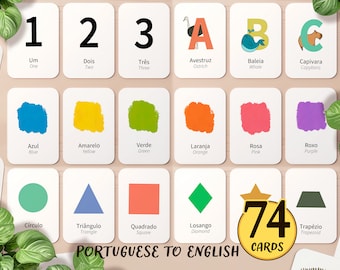 May include: Flash cards with numbers, letters, colours, and shapes in Portuguese and English. The cards feature the numbers 1, 2, and 3, the letters A, B, and C, and various colours and shapes. The set includes 74 cards.