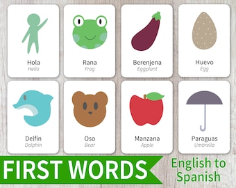 Flashcard bilíngue com 72 primeiras palavras em espanhol e inglês para impressão | Atividade para sala de aula de espanhol em casa para pré-escola | Flashcard para crianças pequenas