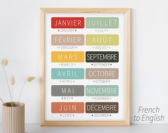 May include: A framed print featuring the months of the year in French and English. Each month is displayed in a different color block, with the French name above the English translation. The print has a light wood frame.