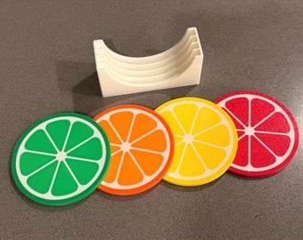 Citrus-themed coaster bundle - set of 4 with holder (orange, lemon, lime, grapefruit)