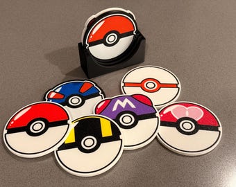 Pokemon Coaster Set – 3D Printed Pokeball Drink Coasters with Holder