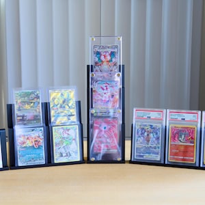 Display stand for graded PSA, CGC, TAG etc slabs, toploader and screwdown/magnetic trading card holders.  Variety of size options