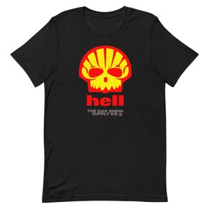May include: Black t-shirt with a red and yellow skull graphic and the text "hell THE CAR SHOW SUPPLY CO."