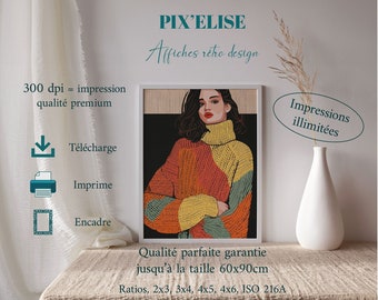 Women's Fashion Illustration Poster, Elegant Woman in Vintage Sweater Poster, Retro Style Wall Art, Fashion Trend Canvas, Urban Chic Decor