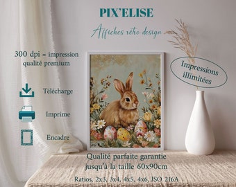 Easter Bunny and Decorative Eggs Poster, Downloadable Spring Floral Illustration, Easter Sweetness Poster, Rabbit among the Flowers