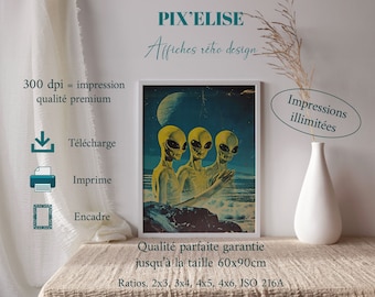 Affiche d'Aliens Mystiques sur une Plage Exotique, Illustration de Science-Fiction, Art Mural Captivant pour Fans de Récits Extraterrestres