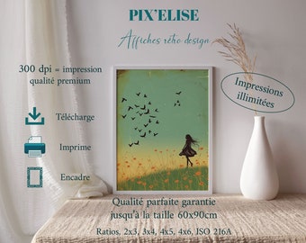 Vintage Pastoral Reverie Poster, Female Silhouette and Flock of Birds, Inspirational Wall Art, Instant Download Poetic Nature