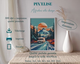 Affiche Aventure Routière, Voyage en Camping-Car sous un Ciel Étoilé, Toile de Paysages Montagneux, Art Mural Évasion pour Nomades