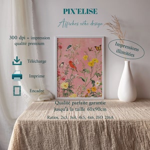 Spring Garden Poster with Birds and Butterflies, Colorful and Calming Wall Art, Printable Poster for Bright Home Decor