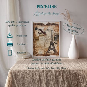 Affiche d'Exploration Vintage, Tour Eiffel et Cartographie Ancienne, Poster de Voyage Historique à Télécharger, Souvenir Carte Postale Paris
