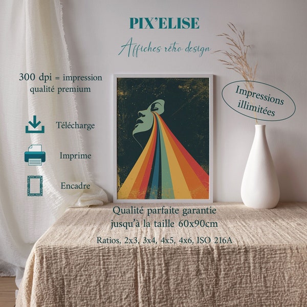 Affiche Expression Artistique Libre, Visage et Rayons de Couleur, Toile d'Inspiration et d'Art Conceptuel, Art Mural pour Espaces Créatifs