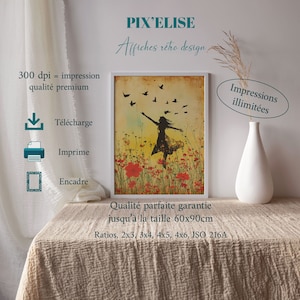 Liberté en Floraison, Femme et Oiseaux en Vol, Art Mural Inspirant, Téléchargement Illustration Joyeuse et Émancipation, Couleurs de l'Aube image 1