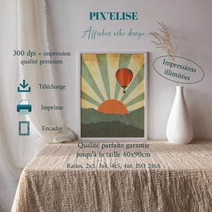 Affiche Vintage Style Rétro Années 1970 avec Montgolfière et Lever de Soleil | Téléchargement Instantané | Art Vintage de Décoration Murale