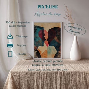 Affiche Silhouettes Amoureuses Abstraites, Poster Fusion Amour Art, Toile Couple Moderne, Art Mural Romantique, Décoration Intime et Colorée