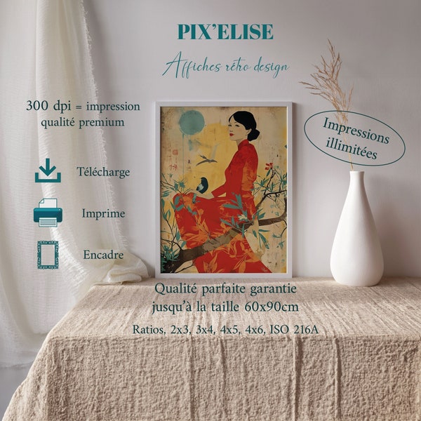 Affiche vintage d'une femme japonaise habillée d'une robe rouge assise sur une branche d'arbre avec des petits oiseaux