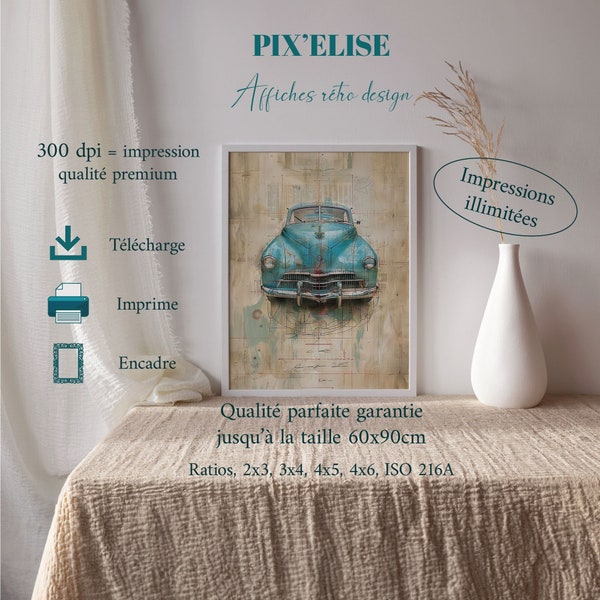 Vintage Pale Blue Automobile Canvas, Classic Car Poster from the 40s, Sketch Style Wall Art, Retro Elegance Interior Decoration