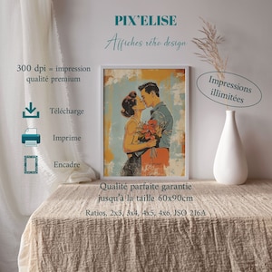 Affiche rétro d'un couple s'embrassant dans les années 50-60 à imprimer et à offrir à votre moitié