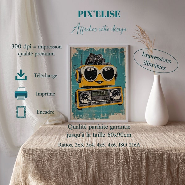 Retro Robot and Boombox Poster, 80s Style Wall Art, Downloadable Vintage Illustration, Robotic Pop Culture Decor