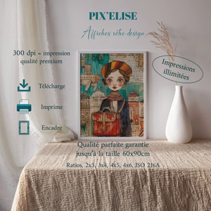 Póster de arte urbano ilustrativo, joven explorador en la ciudad, lienzo de collage de viajes, arte mural colorido para aventureros urbanos.