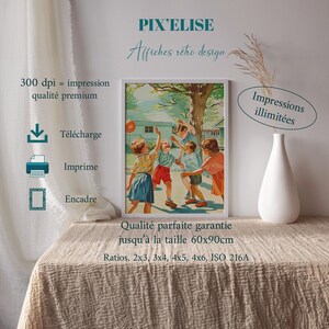 Vintage retro poster from the 50s, colorful illustration of children playing ball in the garden, nostalgic wall decoration for retro decor