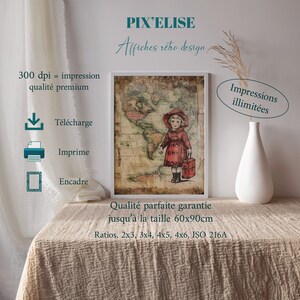Affiche Vintage Petite Voyageuse, Jeune Aventurière sur Carte du Monde, Toile de Rêve et Découverte, Art Mural pour Globetrotters en Herbe