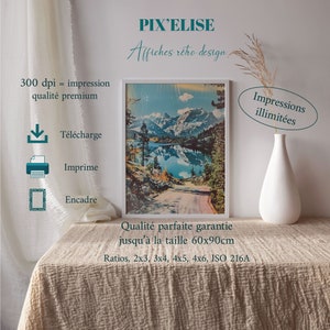 Affiche Paysage de Montagnes, Carte Postale Vintage des Alpes, Poster Nostalgique Nature à Télécharger,  Affiche Carte Postale Ancienne