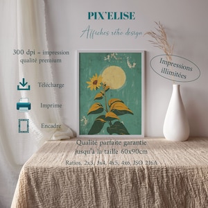 Golden Sunflower in Moonlight Poster, Yellow and Green Wall Art for Living Room and Office, Unique Gift for Nature Lovers