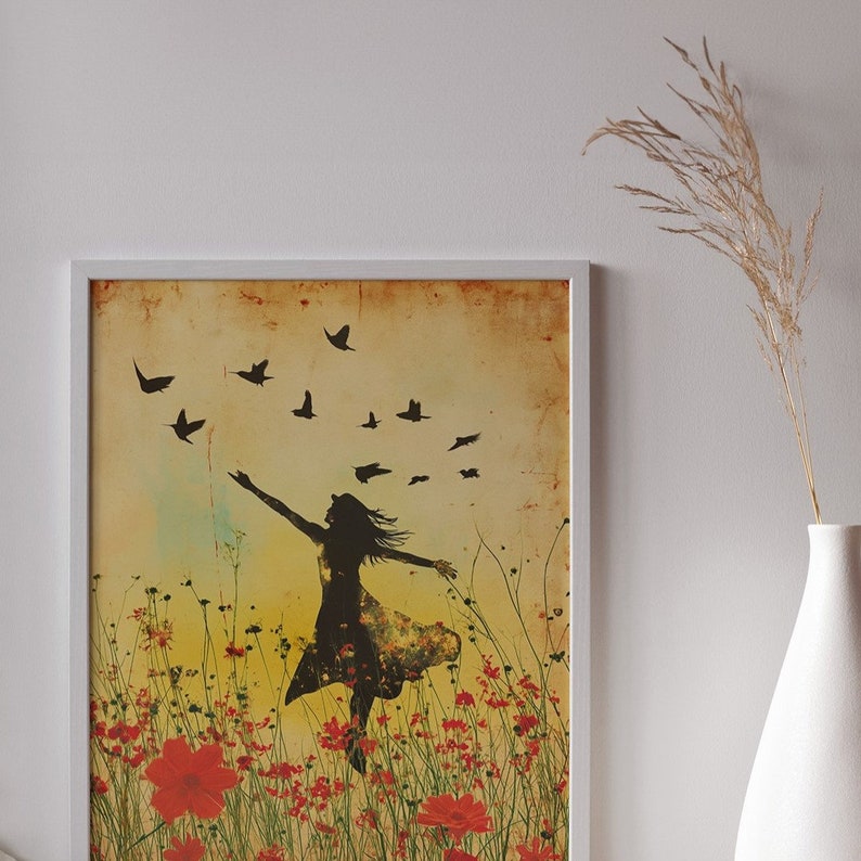 Liberté en Floraison, Femme et Oiseaux en Vol, Art Mural Inspirant, Téléchargement Illustration Joyeuse et Émancipation, Couleurs de l'Aube image 6