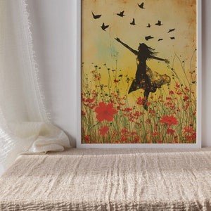 Liberté en Floraison, Femme et Oiseaux en Vol, Art Mural Inspirant, Téléchargement Illustration Joyeuse et Émancipation, Couleurs de l'Aube image 5