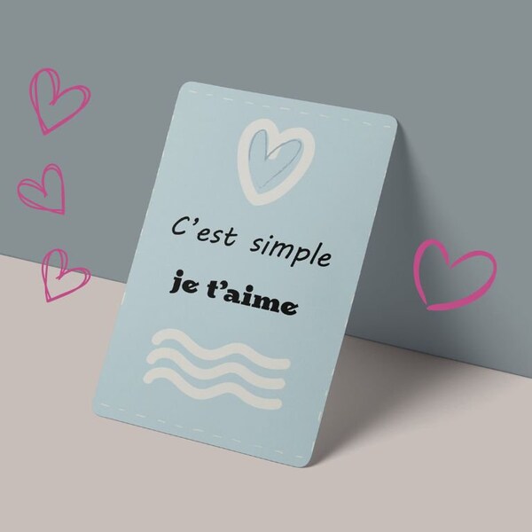 carte je t'aime, bleue et beige, saint Valentin, fête des mères, fête des pères, carte de vœux amour, déclaration d'amour, carte à message