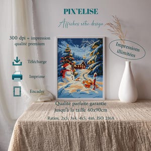 Affiche hivernale avec bonhomme de neige, chalet illuminé et sapin de Noël enneigé - Poster à imprimer parfait pour la décoration de fêtes