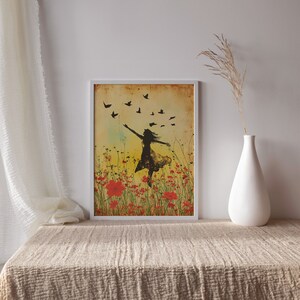 Liberté en Floraison, Femme et Oiseaux en Vol, Art Mural Inspirant, Téléchargement Illustration Joyeuse et Émancipation, Couleurs de l'Aube image 2