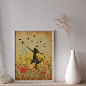 Freedom in Bloom, Woman and Birds in Flight, Inspiring Wall Art, Joyful and Emancipation Illustration Download, Colors of Dawn image 4
