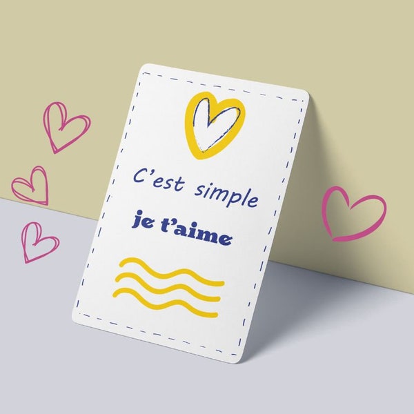 carte je t'aime, bleue et jaune, saint Valentin, fête des mères, fête des pères, carte de vœux amour, déclaration d'amour, carte à message
