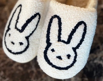 Black Bunny Rabbit Fluffy Plush Soft Fur  Indoor House Slippers Bedroom Slippers Unisex Christmas Gift