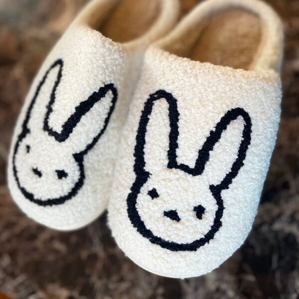 Black Bunny Rabbit Fluffy Plush Soft Fur  Indoor House Slippers Bedroom Slippers Unisex Christmas Gift