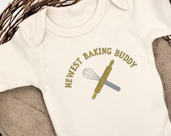 Embroidered Newest Baking Buddy Bodysuit, Baby Announcement to Grandma, Baby Gift for Baker, Baker Baby on the Way, Future Baker Coming Soon