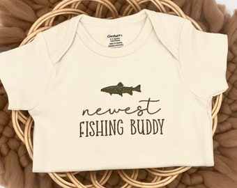Embroidered Newest Fishing Buddy, Fishing Bodysuit, Cute Pregnancy Announcement to Husband, Daddy’s Fishing Buddy, Baby Shower Fishing Theme