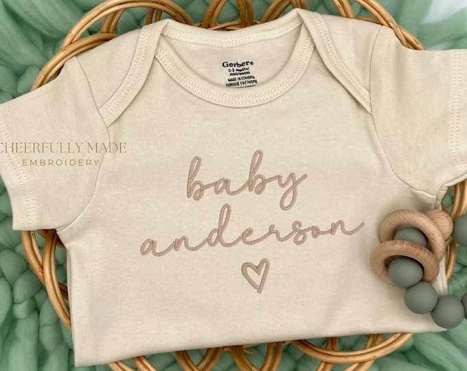 Embroidered Personalized ONESIES® Brand, Pregnancy Announcement Bodysuit, Custom ONESIES® Brand with Name Heart, Script Name Bodysuit 701