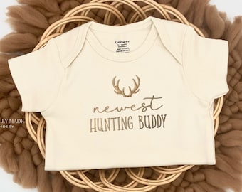 Embroidered Newest Hunting Buddy, Hunting ONESIES® Brand, Pregnancy Announcement to Husband, Baby Announcement, Baby Shower Gift Hunting