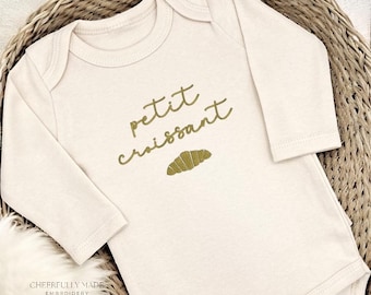 Embroidered Petit Croissant Bodysuit, Little Croissant Baby Announcement Bodysuits, French Baby Shower Gifts, French Theme Pastry Bodysuit